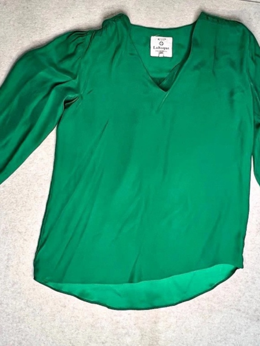 LaRoque Original Kelly Green 100% Silk V-Neck Tie Sleeve Blouse Top XS